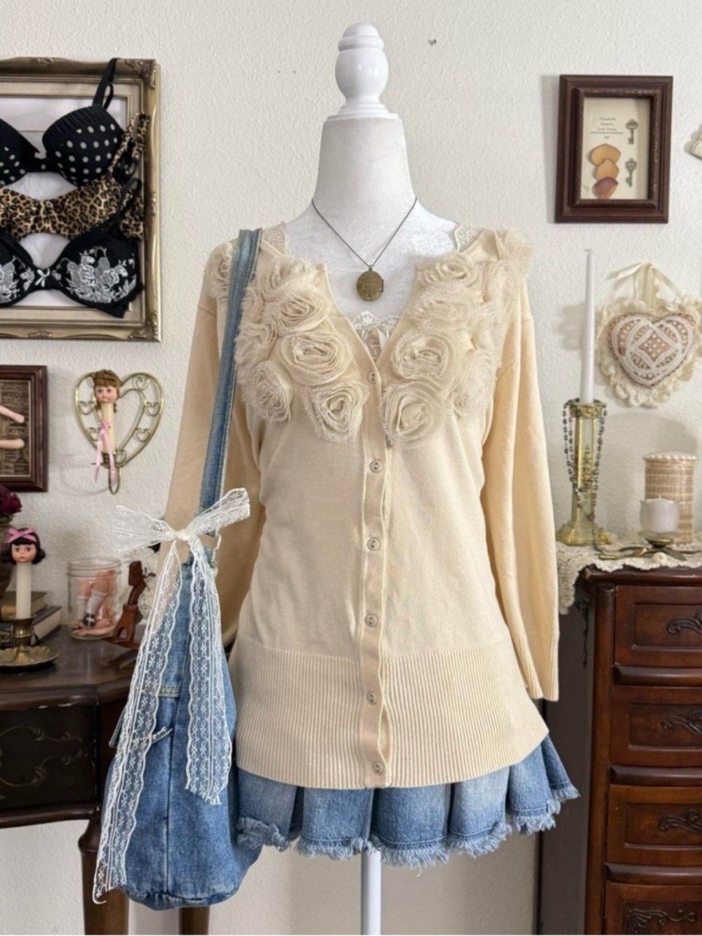 y2k dainty coquette twee 4/3 length sleeve cardigan w rosettes